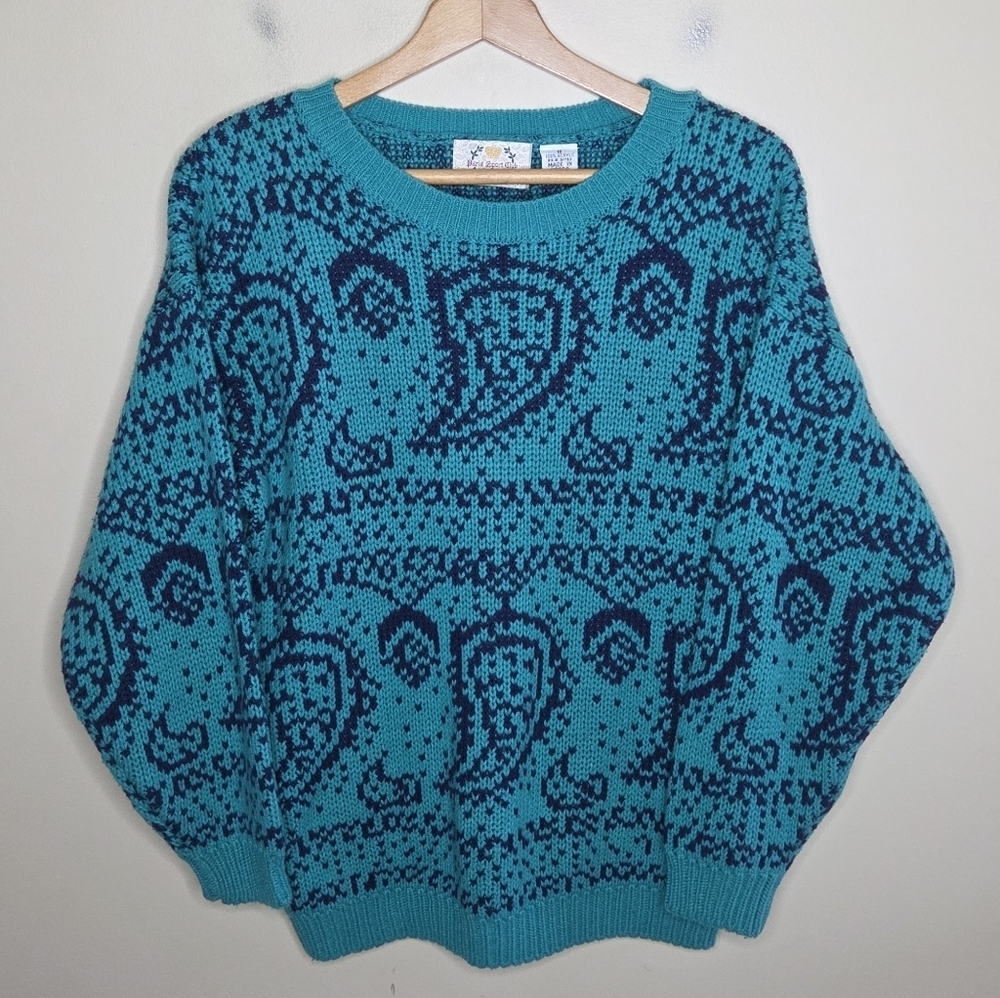 Vintage Paris Sport Club | Teal & Navy Paisley Crewneck Knit Sweater Size Small